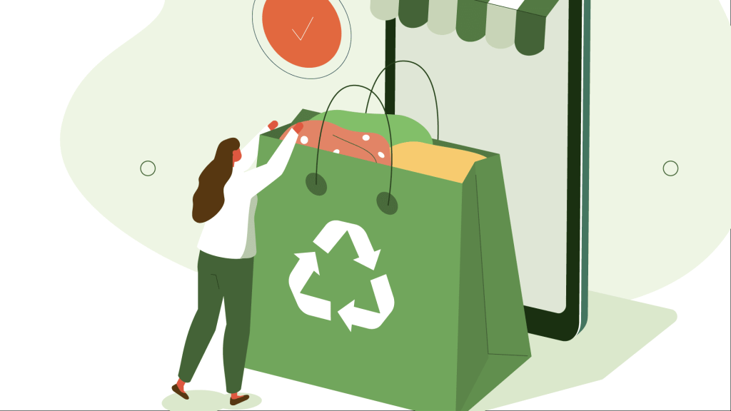 Illustration of a woman holding up a giant bag of recycled clothes to convey the concept of sustainable fashion.
