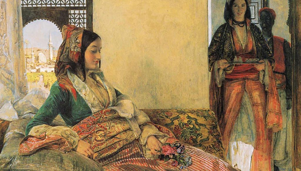 A illustration painting depicts an Arabian queen resting by her window as 2 servants enter the room with with a tray of food.