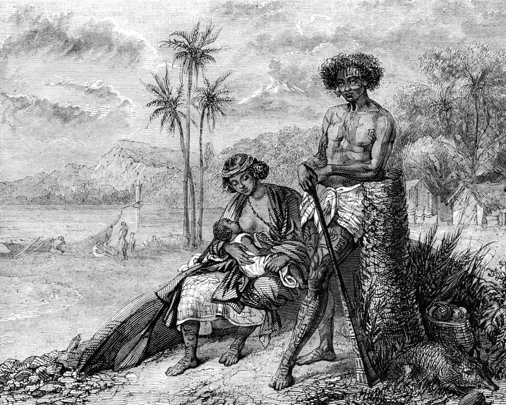 Illustration of Family man with tattoo in Tahiti with woman breastfeeding 1841