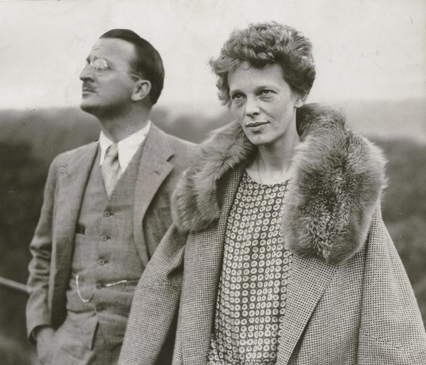 Black and white photo of Amelia Earhart and husband George Putnam