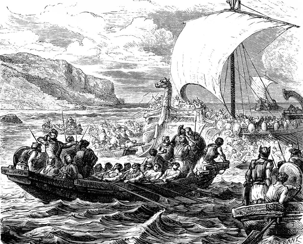 Landing of Phoenician ships at the Mediterranean coast. Wood engraving after a drawing by Paul Philippoteaux (French painter, 1846 - 1923),