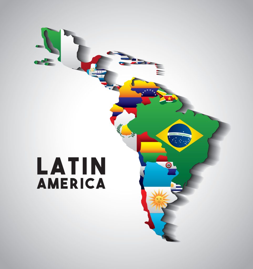 Map of Latin America with the flags of countries.
