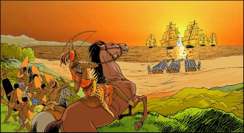 Illustration of Queen Nzinga and tribal warriors preparing for battle against Portuguese soldiers along the coast.