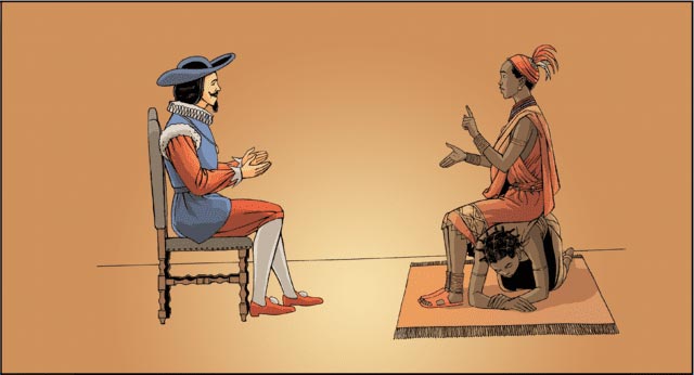 Color illustration of Queen Nzinga sitting across from Jao de Sousa.