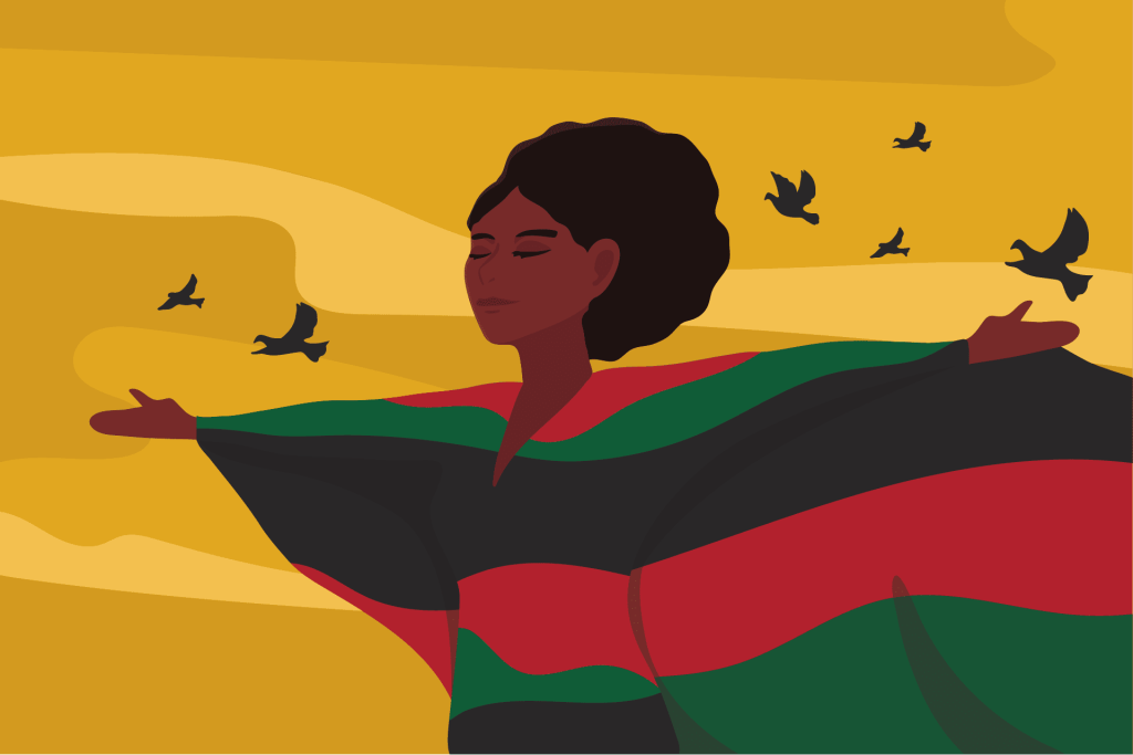 Juneteenth - a woman with flowing dress stands with outstretched arm with bird flying behind her.