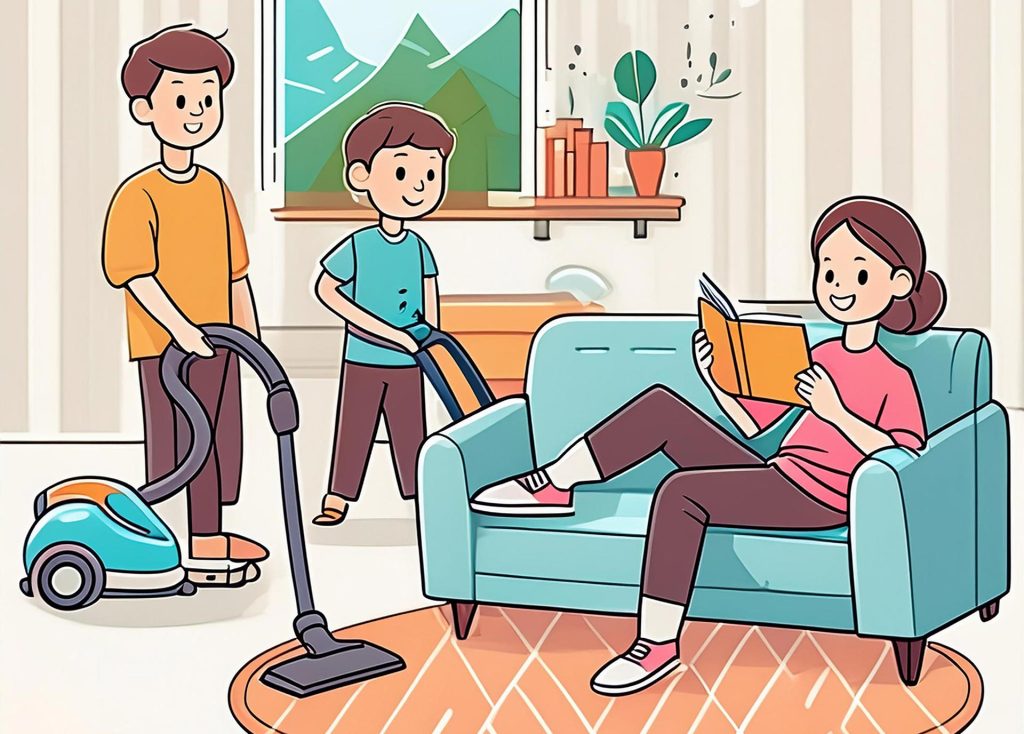 An illustration of boys showing love by cleaning the house so Mom can relax and enjoy a book on the couch.