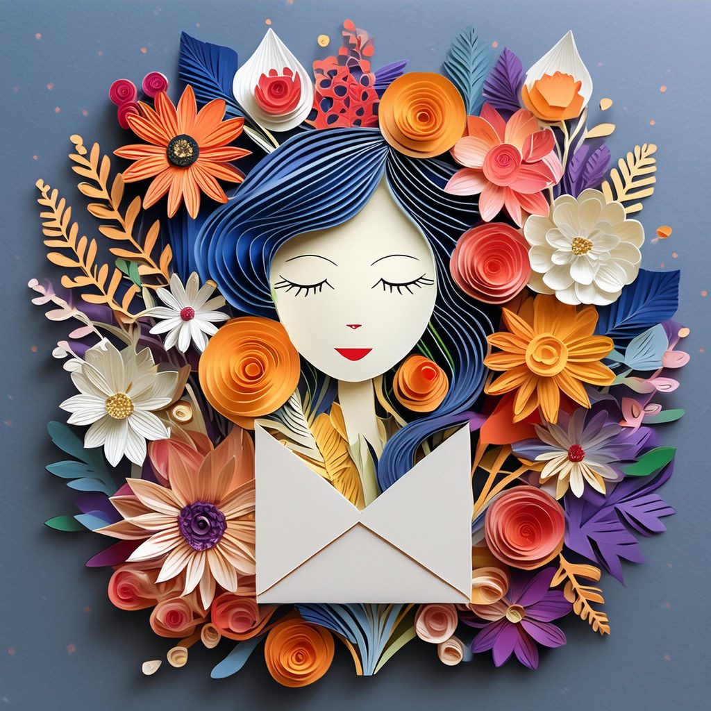 mother's day paper sculpture with vibrant flowers surround an envelope and a woman