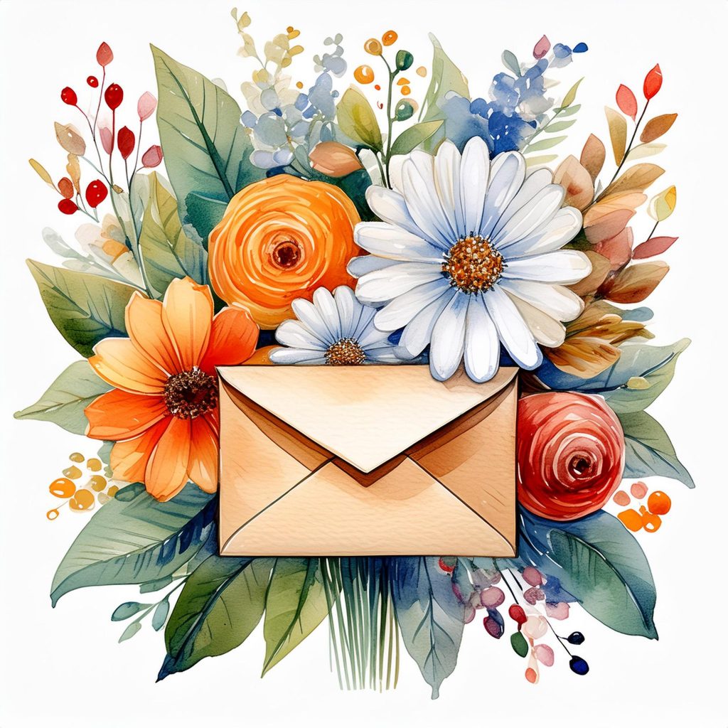Water color illustration of a Mother's Day bouquet of flowers surrounding an envelop with a letter of love for mom.