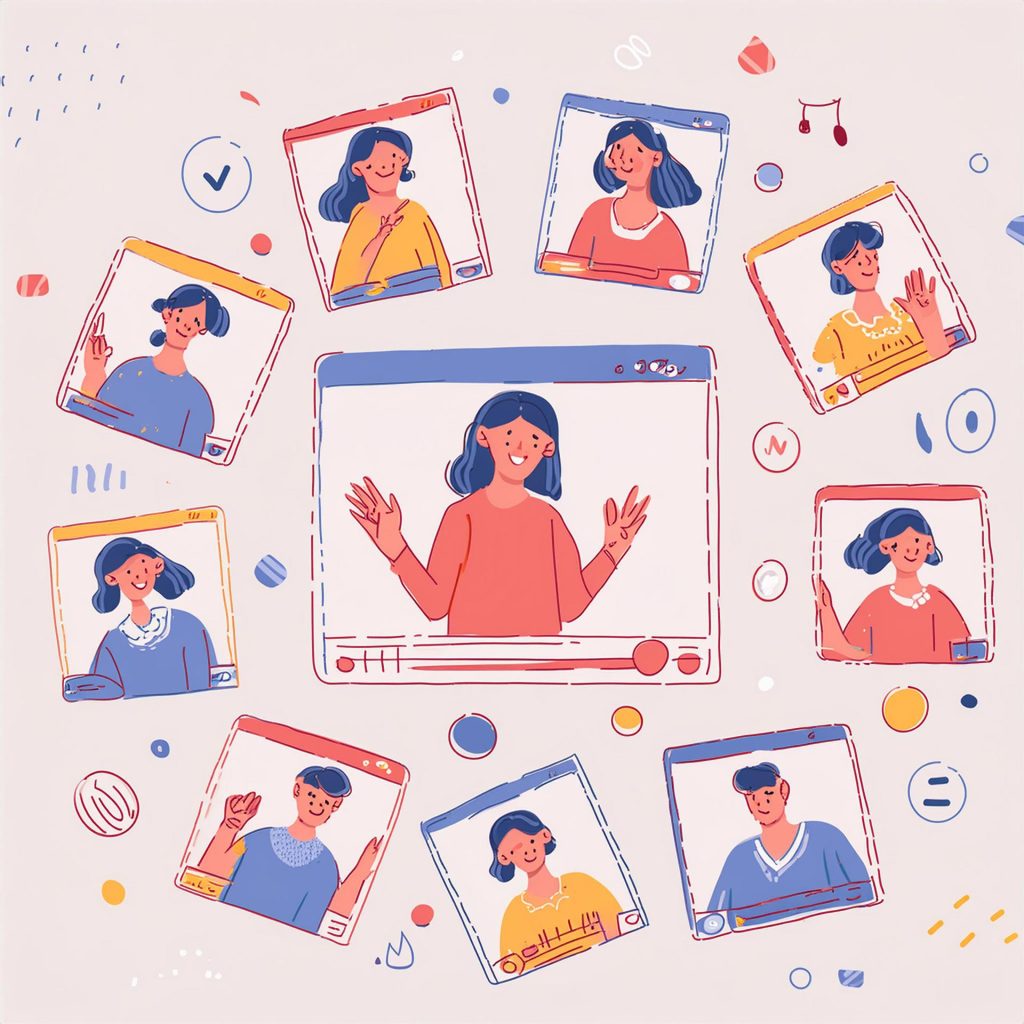 an illustration depicting family greeting Mom through video chat windows in long-distance Mother's Day celebration