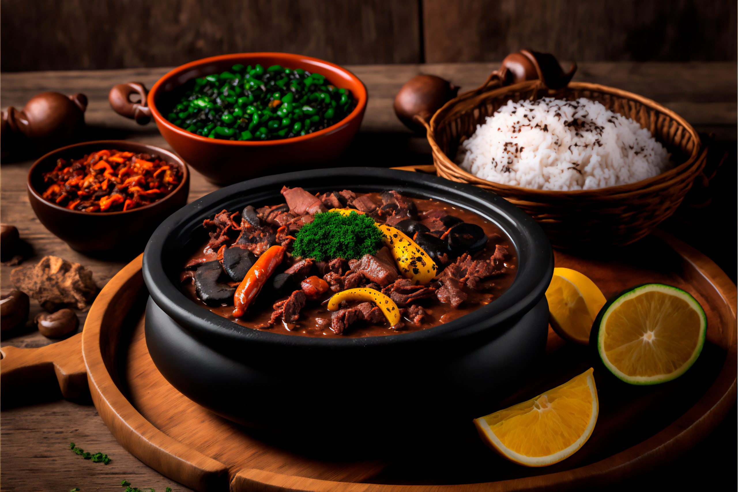 feijoada traditional brazilian food, with typical side dishes
