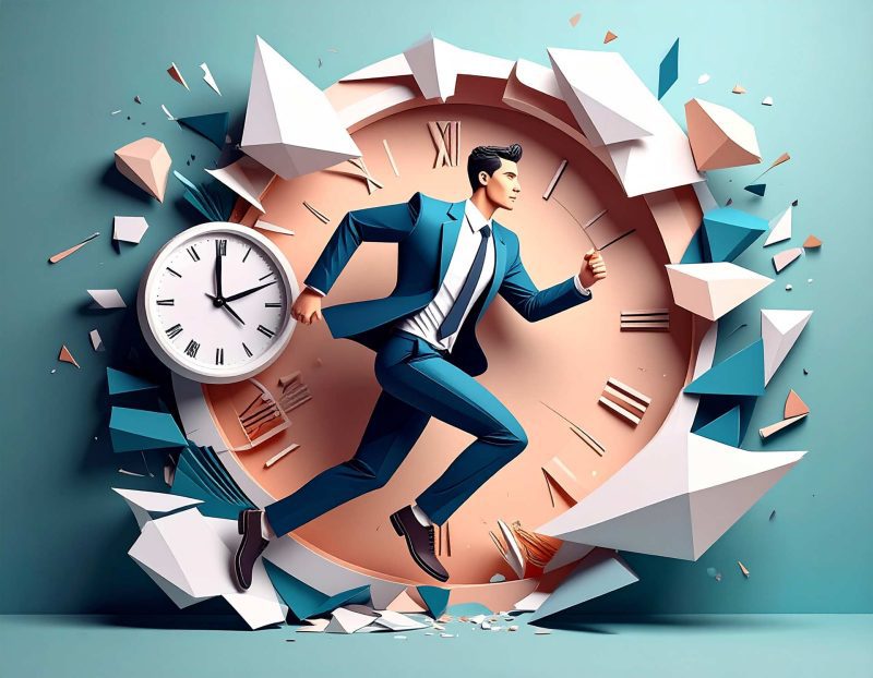 an illustration of a main running, with a clock breaking apart in the background.