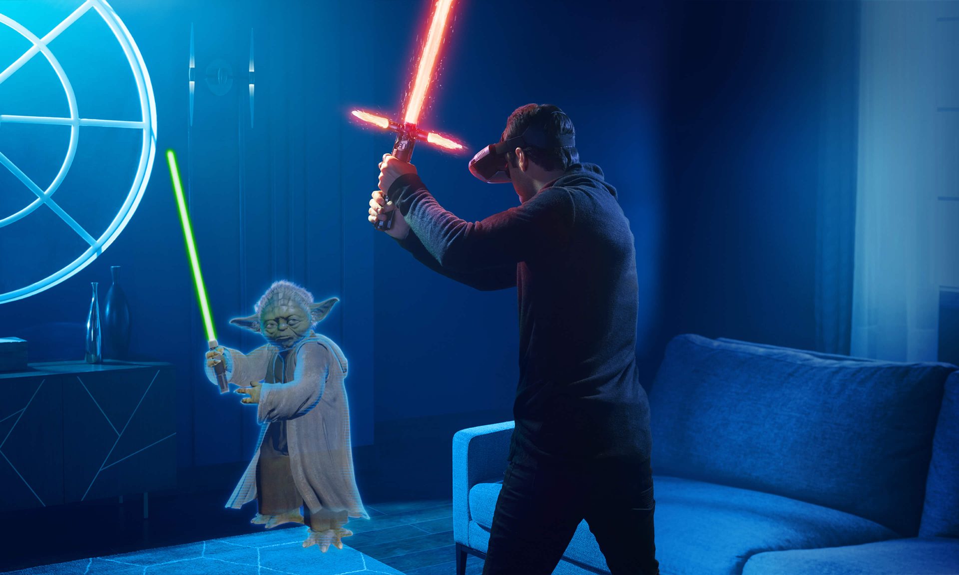 A gamer wearing XR headset and holding a red light saber faces off against Yoda, holding a green light saber.