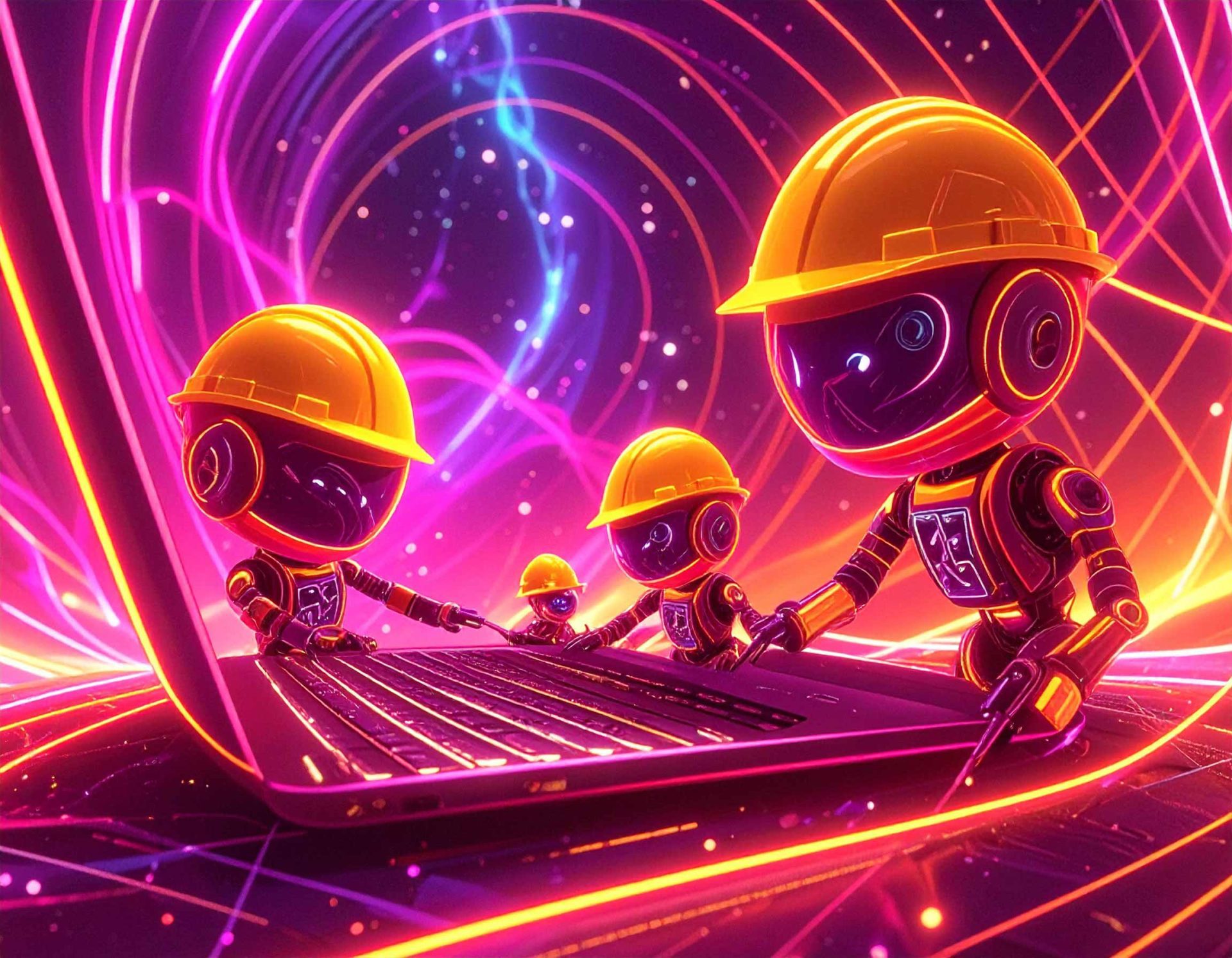 AI robot in hard hats viewing web content on a laptop computer with bright colors swirling in the background