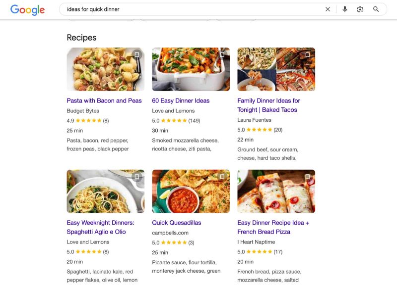 Google search engine result for dinner recipes