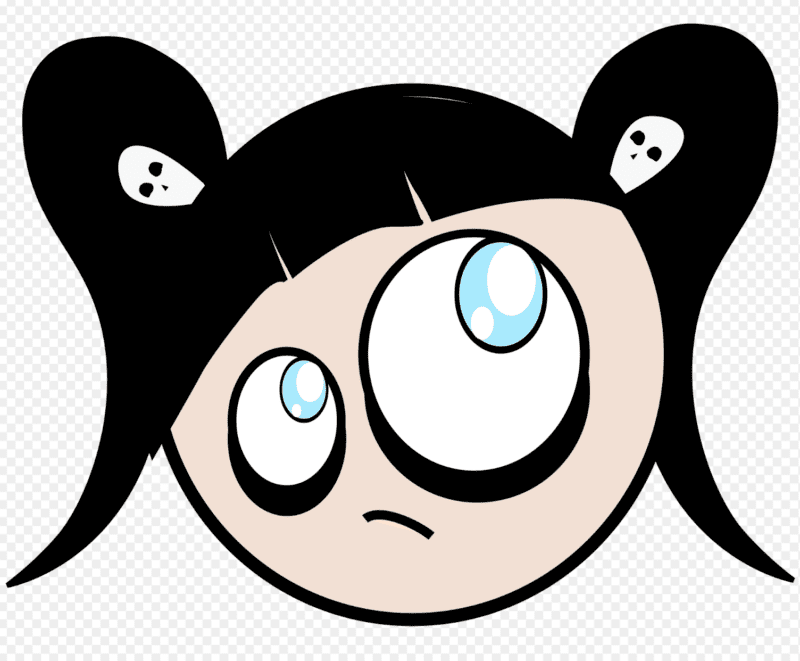 Close-up of a cartoon girl with oversized blue eyes and black hair, looking up with a worried expression.