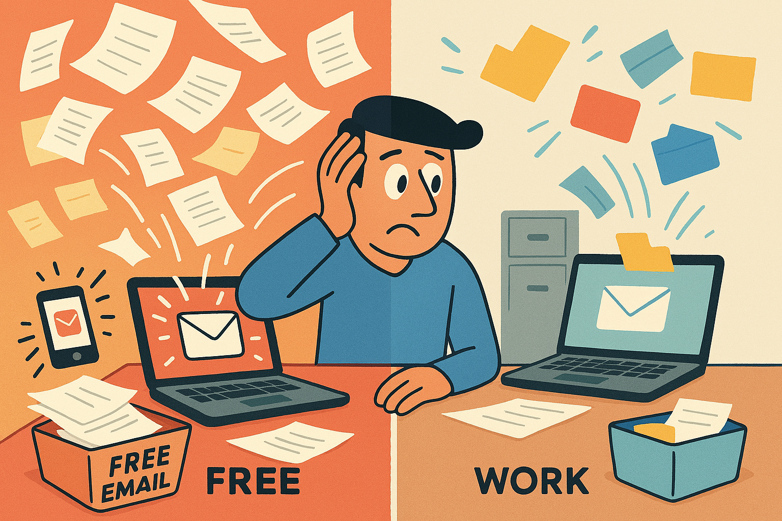 A person is overwhelmed by email chaos on the left and organized work tasks on the right, split scene idea of overload vs order.